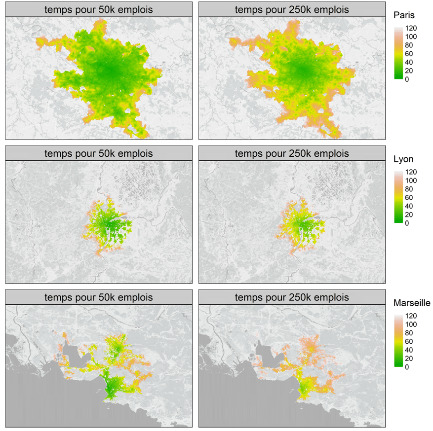 cartes d'accessibilité aux emplois en transports en communes dans les 3 plus grandes métropoles de France